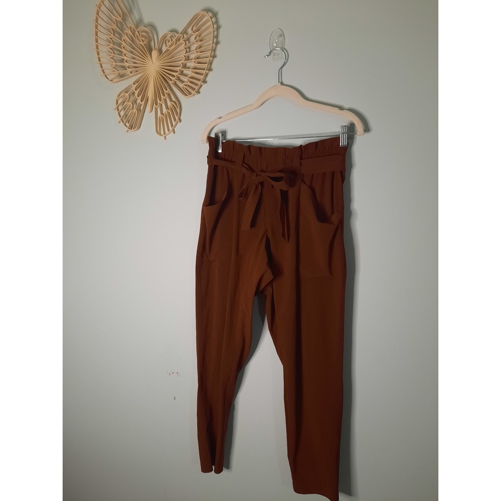 Athleta Womens Rust Brown Paperbag Waist Tie Front Tapered Leg Pants Size 8